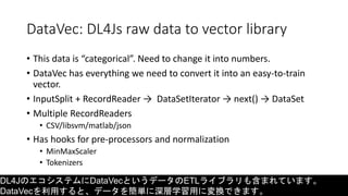 DataVec: DL4Js raw data to vector library
• This data is “categorical”. Need to change it into numbers.
• DataVec has everything we need to convert it into an easy-to-train
vector.
• InputSplit + RecordReader → DataSetIterator → next() → DataSet
• Multiple RecordReaders
• CSV/libsvm/matlab/json
• Has hooks for pre-processors and normalization
• MinMaxScaler
• Tokenizers
DL4JのエコシステムにDataVecというデータのETLライブラリも含まれています。
DataVecを利用すると、データを簡単に深層学習用に変換できます。
 