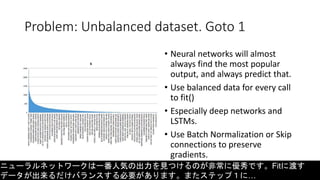 Problem: Unbalanced dataset. Goto 1
• Neural networks will almost
always find the most popular
output, and always predict that.
• Use balanced data for every call
to fit()
• Especially deep networks and
LSTMs.
• Use Batch Normalization or Skip
connections to preserve
gradients.
ニューラルネットワークは一番人気の出力を見つけるのが非常に優秀です。Fitに渡す
データが出来るだけバランスする必要があります。またステップ１に…
 