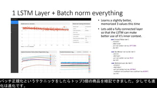 1 LSTM Layer + Batch norm everything
• Learns a slightly better,
memorized 3 values this time
• Lets add a fully connected layer
so that the LSTM can make
better use of it’s inner context.
バッチ正規化というテクニックをしたらトップ3個の商品を暗記できました。少しでも進
化は進化です。
 