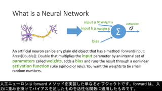 What is a Neural Network
An artificial neuron can be any plain old object that has a method forward(input:
Array[Double]):...