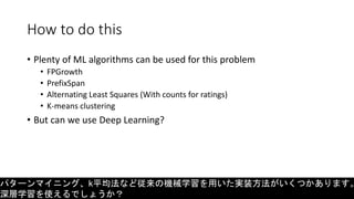 How to do this
• Plenty of ML algorithms can be used for this problem
• FPGrowth
• PrefixSpan
• Alternating Least Squares ...