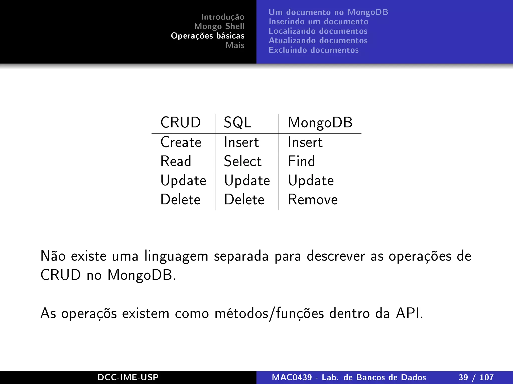 Introdução
Mongo Shell
Operações básicas
Mais
Um documento no MongoDB
Inserindo um documento
Localizando documentos
Atualizando documentos
Excluindo documentos
CRUD SQL MongoDB
Create Insert Insert
Read Select Find
Update Update Update
Delete Delete Remove
Não existe uma linguagem separada para descrever as operações de
CRUD no MongoDB.
As operaçõs existem como métodos/funções dentro da API.
DCC-IME-USP MAC0439 - Lab. de Bancos de Dados 39 / 107
 