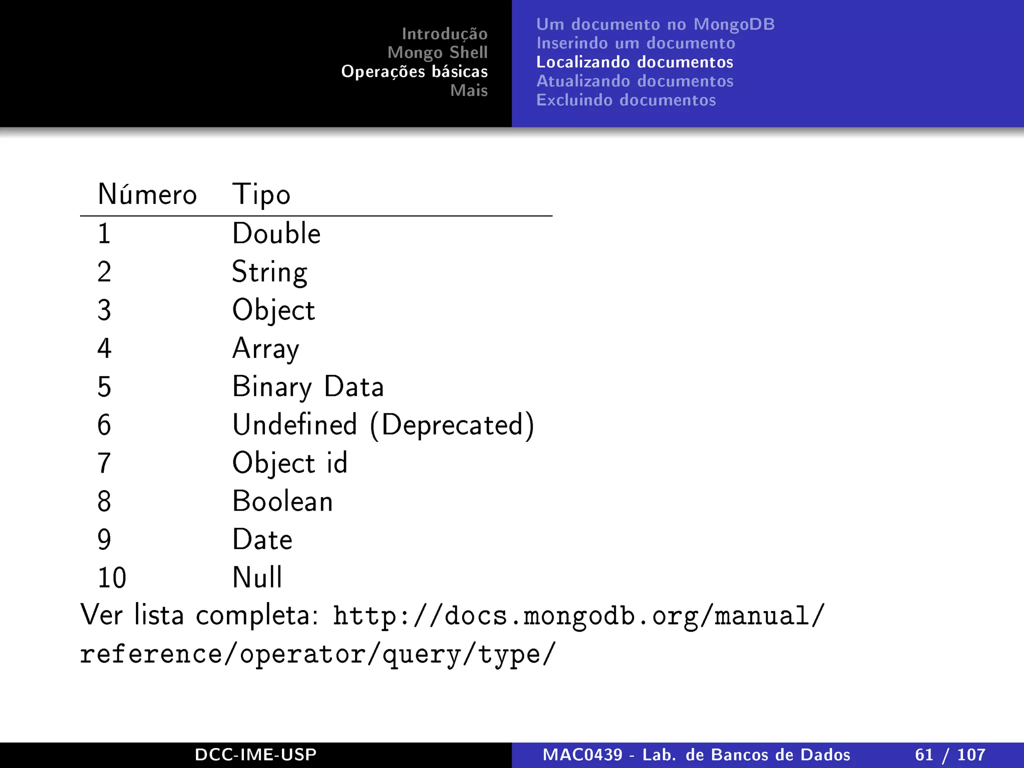Introdução
Mongo Shell
Operações básicas
Mais
Um documento no MongoDB
Inserindo um documento
Localizando documentos
Atualizando documentos
Excluindo documentos
Número Tipo
1 Double
2 String
3 Object
4 Array
5 Binary Data
6 Undened (Deprecated)
7 Object id
8 Boolean
9 Date
10 Null
Ver lista completa: http://docs.mongodb.org/manual/
reference/operator/query/type/
DCC-IME-USP MAC0439 - Lab. de Bancos de Dados 61 / 107
 