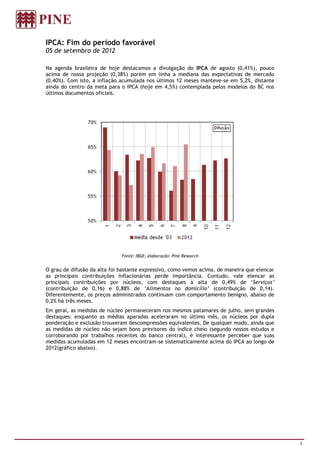 IPCA: Fim do período favorável
05 de setembro de 2012

Na agenda brasileira de hoje destacamos a divulgação do IPCA de agosto (0,41%), pouco
acima de nossa projeção (0,38%) porém em linha a mediana das expectativas de mercado
(0,40%). Com isto, a inflação acumulada nos últimos 12 meses manteve-se em 5,2%, distante
ainda do centro da meta para o IPCA (hoje em 4,5%) contemplada pelos modelos do BC nos
últimos documentos oficiais.




                              Fonte: IBGE; elaboração: Pine Research


O grau de difusão da alta foi bastante expressivo, como vemos acima, de maneira que elencar
as principais contribuições inflacionárias perde importância. Contudo, vale elencar as
principais contribuições por núcleos, com destaques à alta de 0,49% de ‘Serviços’
(contribuição de 0,16) e 0,88% de ‘Alimentos no domicílio’ (contribuição de 0,14).
Diferentemente, os preços administrados continuam com comportamento benigno, abaixo de
0,2% há três meses.
Em geral, as medidas de núcleo permaneceram nos mesmos patamares de julho, sem grandes
destaques: enquanto as médias aparadas aceleraram no último mês, os núcleos por dupla
ponderação e exclusão trouxeram descompressões equivalentes. De qualquer modo, ainda que
as medidas de núcleo não sejam bons previsores do índice cheio (segundo nossos estudos e
corroborando por trabalhos recentes do banco central), é interessante perceber que suas
medidas acumuladas em 12 meses encontram-se sistematicamente acima do IPCA ao longo de
2012(gráfico abaixo).




                                                                                              1
 