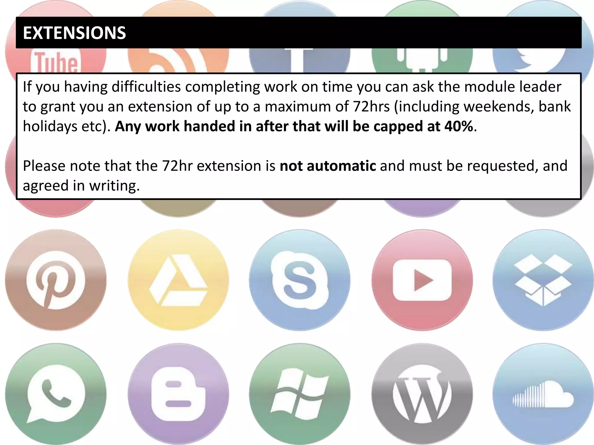 EXTENSIONS
If you having difficulties completing work on time you can ask the module leader
to grant you an extension of up to a maximum of 72hrs (including weekends, bank
holidays etc). Any work handed in after that will be capped at 40%.
Please note that the 72hr extension is not automatic and must be requested, and
agreed in writing.
 