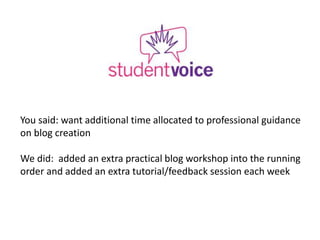 You said: want additional time allocated to professional guidance
on blog creation
We did: added an extra practical blog workshop into the running
order and added an extra tutorial/feedback session each week
 