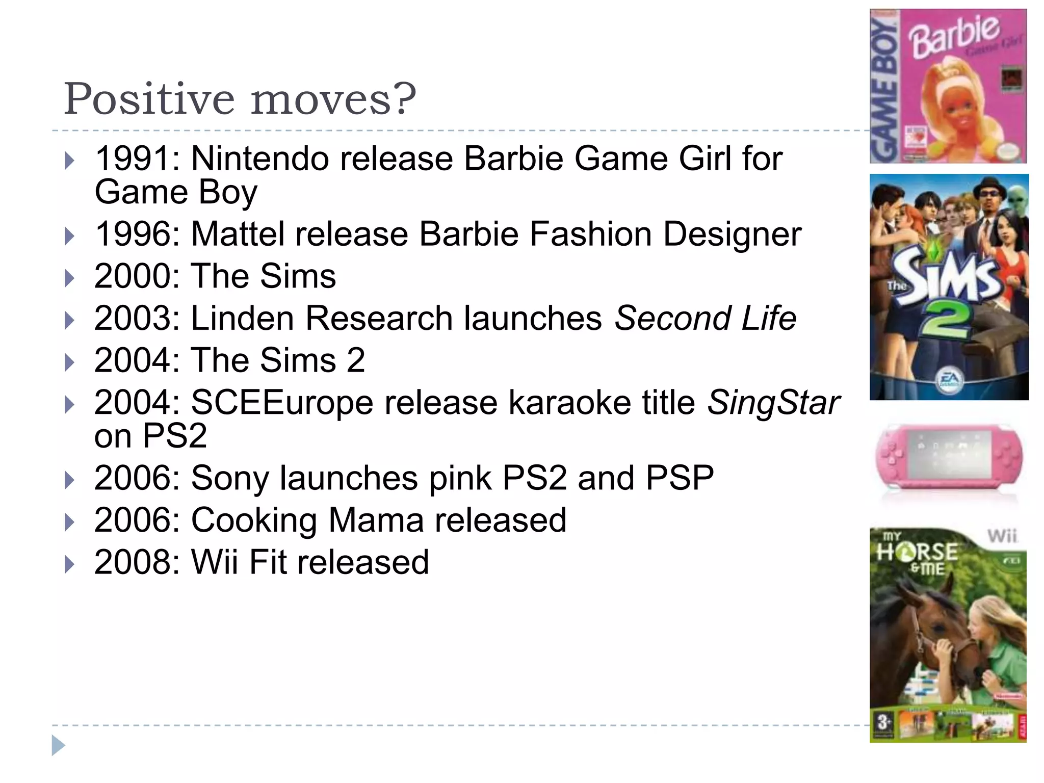 Positive moves?1991: Nintendo release Barbie Game Girl for Game Boy1996: Mattel release Barbie Fashion Designer2000: The Sims 2003: Linden Research launches Second Life2004: The Sims 22004: SCEEurope release karaoke title SingStar on PS2 2006: Sony launches pink PS2 and PSP2006: Cooking Mama released2008: Wii Fit released