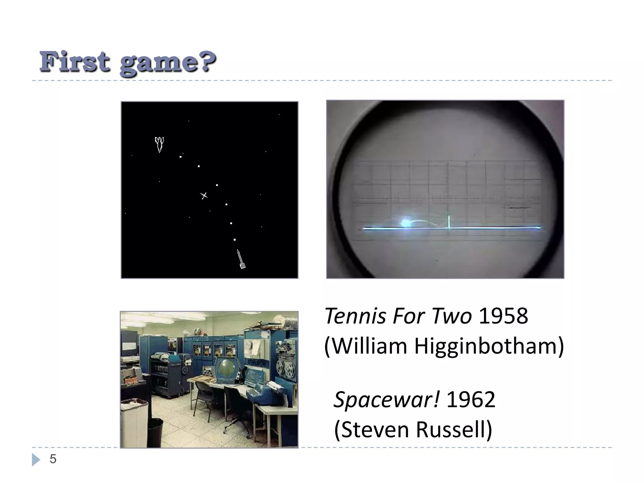 First game?5Tennis For Two 1958 (William Higginbotham)Spacewar! 1962(Steven Russell)