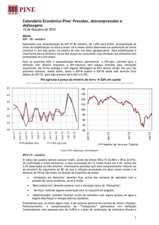Calendário Econômico Pine: Pressões, descompressões e
                        defasagens
                        15 de Outubro de 2012

                        BRASIL
                        IGP – 10 – outubro
                        Esperamos uma desaceleração do IGP-10 de outubro, de 1,05% para 0,65%, acompanhada de
                        sinais de estabilização na leitura anual: há 6 meses temos observado sua aceleração de forma
                        continua e, em boa parte, na esteira da alta nos bens agropecuários. Esta estabilização é
                        importante para a dinâmica futura dos preços ao consumidor cuja elevação nos alimentos tem
                        pressionado no curto prazo.
                        Para os próximos IGPs a desaceleração deverá permanecer: o IPA-agro caminha para a
                        deflação (ver abaixo) enquanto o IPA-industria tem espaço limitado para elevações
                        expressivas. De forma análoga e com alguma defasagem os IPCs devem atingir seu pico nas
                        próximas semanas. Sendo assim, tanto o IGP-M quanto o IGP-DI deste mês deverão ficar
                        abaixo do IGP-10, para algo próximo de 0,45% e 0,35%.
                                                    IPA agrícola e preço do minério de ferro  IGPs em queda

8%                                                                                                          140

6%                                                                                                          130
                                                                                                            120
4%
                                                                                                            110
2%                                                                                                          100

0%                                                                                                           90
                                                                                                             80
-2%
                                                                                                             70
-4%                                                                                                          60
                                  jul/11




                                                                                          jul/12
                                                     nov/11
      jan/11




                                                              jan/12
               mar/11




                                                                        mar/12
                         mai/11



                                           set/11




                                                                                 mai/12



                                                                                                   set/12




                                                                                                                                             jul/12
                                                                                                                  jan/12




                                                                                                                                                          out/12
                                                                                                                             abr/12




                         Modelo Pine                                   IPA Agrícola
                                                                                                                           Minério de ferro em Tubarão

                                                                                 Fonte: FGV; elaboração: Pine Research

                        IPCA-15 - outubro
                        O índice de outubro deverá avançar 0,60%, acima do último IPCA-15 (0,48%) e IPCA (0,57%).
                        Se confirmada a nossa estimativa, a taxa acumulada em 12 meses ficará em 5,5%, acima dos
                        5,3% observados no mês anterior; interessante perceber que este comportamento instável vai
                        ao encontro do argumento do BC de que a inflação acumulada em doze meses tende a se
                        deslocar de forma não linear na direção da trajetória de metas.
                                     ‘Alimentos em Domicílio’ deverão ficar acima dos números de setembro com a
                                     pressão de certas proteínas, arroz e feijão.
                                     ‘Bens Industriais’ deverão acelerar com a elevação típica de ‘Vestuários’.
                                      ‘Serviços’ exibirão alguma aceleração com os reajustes de aluguéis.
                                     ‘Administrados’ também ficariam acima de setembro com alguns ajustes de água e
                                     esgoto (São Paulo) e energia elétrica (Goiânia).
                        Entendemos que, se existe algum risco, é de surpresa positiva (em termos de menor inflação).
                        Particularmente, o comportamento de “Transportes” (permanece em deflação?
                        Contemplamos uma pequena alta de 0,05%) e o grau de aceleração de alimentos ditarão a

                                                                                                                                                      1
 