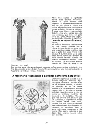 30
Albert Pike explica o significado
dessas duas colunas maçônicas,
ambas as quais exibem uma
serpente. "As serpentes enroladas em
anel ou nos globos e saindo dos
globos, são comuns nos monumentos
persas, egípcios, chineses e indianos.
O deus hindu Visnu é representado
deitado sobre uma grande serpente
toda enrolada, que forma um pálio
sobre ele." [Pike, Morals and Dogma,
ensinos para o Vigésimo Quinto Grau,
Cavaleiro da Serpente de Bronze,
pg 500]
No entanto, estamos a caminho para
um rude choque. Observe que a
coluna à esquerda não somente tem
uma serpente enrolada no globo, mas
que o globo tem asas. Outra fonte
cita que H. G. Wells disse que o globo
alado deverá "tornar-se o símbolo da
Nova Ordem Mundial quando ela
dominar totalmente o mundo". [Fritz
Springmeier, The Watchtower and the
Masons (A Torre de Vigia e os
Maçons), 1992, pg xi]
Isso significa que a coluna maçônica da esquerda na figura representa o símbolo do reino
final do Anticristo, a Nova Ordem Mundial! Novamente, temos uma forte conexão entre a
Maçonaria e o vindouro reino do Anticristo.
A Maçonaria Representa o Salvador Como uma Serpente!!
Chamamos agora sua atenção para o
avental maçônico mostrado aqui.
Você pode observar o Olho Que Tudo
Vê na esquerda superior, o símbolo
da adoração ao sol na direita
superior, e a colméia com as abelhas
na parte inferior. No entanto, observe
o símbolo no centro, com a caveira no
centro do emblema maçônico do
esquadro e do compasso. Observe
que esse símbolo está envolvido por
um Ouroboros, a serpente que morde
sua própria cauda. Além disso,
observe que dois ramos de sempre-
viva estão embaixo do compasso e do
esquadro; os satanistas usam a
sempre-viva para representar a vida
eterna. Mas, agora, vejamos o que
dizem dois autores maçons sobre
esse assunto:
 