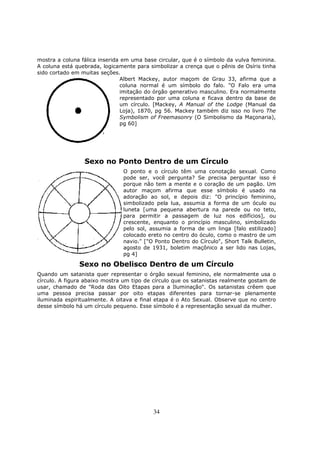 34
mostra a coluna fálica inserida em uma base circular, que é o símbolo da vulva feminina.
A coluna está quebrada, logicamente para simbolizar a crença que o pênis de Osíris tinha
sido cortado em muitas seções.
Albert Mackey, autor maçom de Grau 33, afirma que a
coluna normal é um símbolo do falo. "O Falo era uma
imitação do órgão generativo masculino. Era normalmente
representado por uma coluna e ficava dentro da base de
um círculo. [Mackey, A Manual of the Lodge (Manual da
Loja), 1870, pg 56. Mackey também diz isso no livro The
Symbolism of Freemasonry (O Simbolismo da Maçonaria),
pg 60]
Sexo no Ponto Dentro de um Círculo
O ponto e o círculo têm uma conotação sexual. Como
pode ser, você pergunta? Se precisa perguntar isso é
porque não tem a mente e o coração de um pagão. Um
autor maçom afirma que esse símbolo é usado na
adoração ao sol, e depois diz: "O princípio feminino,
simbolizado pela lua, assumia a forma de um óculo ou
luneta [uma pequena abertura na parede ou no teto,
para permitir a passagem de luz nos edifícios], ou
crescente, enquanto o princípio masculino, simbolizado
pelo sol, assumia a forma de um linga [falo estilizado]
colocado ereto no centro do óculo, como o mastro de um
navio." ["O Ponto Dentro do Círculo", Short Talk Bulletin,
agosto de 1931, boletim maçônico a ser lido nas Lojas,
pg 4]
Sexo no Obelisco Dentro de um Círculo
Quando um satanista quer representar o órgão sexual feminino, ele normalmente usa o
círculo. A figura abaixo mostra um tipo de círculo que os satanistas realmente gostam de
usar, chamado de "Roda das Oito Etapas para a Iluminação". Os satanistas crêem que
uma pessoa precisa passar por oito etapas diferentes para tornar-se plenamente
iluminada espiritualmente. A oitava e final etapa é o Ato Sexual. Observe que no centro
desse símbolo há um círculo pequeno. Esse símbolo é a representação sexual da mulher.
 