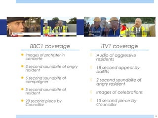 BBC1 coverage
 Images of protester in
concrete
 3 second soundbite of angry
resident
 5 second soundbite of
campaigner
 5 second soundbite of
resident
 20 second piece by
Councillor
ITV1 coverage
 Audio of aggressive
residents
 18 second appeal by
bailiffs
 2 second soundbite of
angry resident
 Images of celebrations
 10 second piece by
Councillor
19
 
