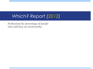 Which? Report (2012)
 Professions by percentage of people
who said they are trustworthy:
4
 