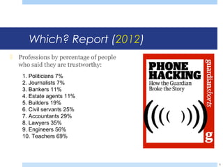 Which? Report (2012)
 Professions by percentage of people
who said they are trustworthy:
5
1. Politicians 7%
2. Journalists 7%
3. Bankers 11%
4. Estate agents 11%
5. Builders 19%
6. Civil servants 25%
7. Accountants 29%
8. Lawyers 35%
9. Engineers 56%
10. Teachers 69%
 