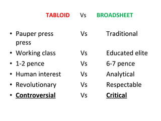 TABLOID   Vs  BROADSHEET Pauper press   Vs Traditional press Working class    Vs Educated elite 1-2 pence   Vs 6-7 pence Human interest   Vs Analytical Revolutionary   Vs Respectable Controversial   Vs Critical 
