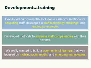 Development…trainingDeveloped curriculum that included a variety of methods for educatingstaff, developed a staff technology challenge, and leading by example.Developed methods to evaluate staff competencies with their devices.We really wanted to build a community of learners that was focused on mobile, social media, and emerging technologies.