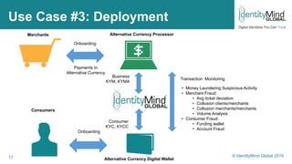 17
Use Case #3: Deployment
Merchants
Onboarding
Payments In
Alternative Currency
Alternative Currency Processor
Alternative Currency Digital Wallet
Transaction Monitoring
• Money Laundering Suspicious Activity
• Merchant Fraud:
• Avg ticket deviation
• Collusion clients/merchants
• Collusion merchants/merchants
• Volume Analysis
• Consumer Fraud
• Funding wallet
• Account Fraud
Business
KYM, KYMA
Consumer
KYC, KYCC
Onboarding
Consumers
© IdentityMind Global 2016
 