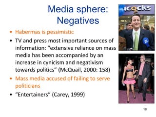 Media sphere:
Negatives
• Habermas is pessimistic
• TV and press most important sources of
information: “extensive reliance on mass
media has been accompanied by an
increase in cynicism and negativism
towards politics” (McQuail, 2000: 158)
• Mass media accused of failing to serve
politicians
• “Entertainers” (Carey, 1999)
19
 