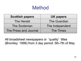 24
Method
Scottish papers UK papers
The Herald The Guardian
The Scotsman The Independent
The Press and Journal The Times
All broadsheet newspapers or ‘quality’ titles
(Bromley: 1998) from 3 day period: 5th-7th of May
 