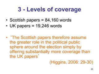 25
3 - Levels of coverage
• Scottish papers = 84,160 words
• UK papers = 19,246 words
• ‘The Scottish papers therefore assume
the greater role in the political public
sphere around the election simply by
offering substantially more coverage than
the UK papers’
(Higgins, 2006: 29-30)
 