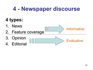 27
4 - Newspaper discourse
4 types:
1. News
2. Feature coverage
3. Opinion
4. Editorial
Informative
Evaluative
 