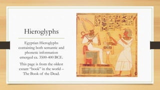 Hieroglyphs
Egyptian Hieroglyphs
containing both semantic and
phonetic information
emerged ca. 3500-400 BCE.
This page is from the oldest
extant “book” in the world –
The Book of the Dead.
 