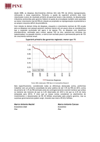 desde 2008, as despesas discricionárias efetivas têm sido 95% da última reprogramação,
reforçando a nossa expectativa. Portanto, a queda do superávit primário está mais
relacionada à piora do resultado primário de governos locais e das estatais, às desonerações
tributárias promovidas pelo governo federal (a queda da arrecadação também está associada
ao menor crescimento real do PIB em relação ao projetado na reprogramação orçamentária) e
ao sempre crescente déficit da previdência.
Com relação às demais linhas de despesas, enquanto o crescimento nominal de 10% orçado
para as despesas com pessoal parecem realistas (talvez até um pouco altas se considerarmos
que a expansão acumulada até agora é de apenas 7%), as despesas com benefícios
previdenciários, estimadas para crescer apenas 10% no ano, parecem-nos otimistas (ou
subestimadas): no passado recente, a rubrica tem oscilado pouco e permanecido perto de 13%
de crescimento nominal anual.
Superávit primário dos governos regionais: menor que 1%
Fonte: BCB; elaboração: PINE Macro & Commodities Research
Mais especificamente, considerando todas as diferenças destacadas acima, preferimos
trabalhar com um primário consolidado do setor público de até 1,9% do PIB em 2013, acima
do primário de 1,7% do PIB estimado antes do contingenciamento (convém lembrar que ambos
os números são menores do que os 2,4% observados em 2012 e do que os 2,3% de meta
estipulada para 2013). É claro que as nossas contas consideram os abatimentos de
investimentos e desonerações de R$ 45 bilhões anunciados pelo próprio governo, mas as
surpresas governamentais podem surgir, levando esse total a R$ 65,2 bilhões.
Marco Antonio Maciel
Economista-chefe
Pine
Marco Antonio Caruso
Economista
Pine
0.0%
0.2%
0.4%
0.6%
0.8%
1.0%
1.2%
2008
2009
2010
2011
2012
2013acum. 12M / PIB
Governos Regionais
 