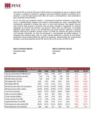 maio (de 8,75% ao final de 2013 para 9,50%) reside na constatação de que se o objetivo do BC
“é colocar a inflação em declínio e assegurar que essa tendência persista no próximo ano”;
portanto, o ciclo de majoração da Selic deve ser maior e, eventualmente, mais acelerado do
que o projetado anteriormente.
No fim de toda essa complexa história, o crescimento econômico brasileiro é que paga a
conta. A desvalorização cambial mais intensa (caracterizada por maior volatilidade) está
normalmente associada à inflação mais alta e a juros mais elevados. Esse quadro torna-se
mais instável ainda quando a economia está em pleno emprego e repousando no aumento
(esgotado) do consumo das famílias e do governo. Nesse caso, em particular, as pressões
populares sobre gastos sociais e em infraestrutura são ainda maiores, implicam a provável
redução adicional do superávit primário (como % do PIB) via aumento dos gastos correntes
e/ou isenções tributárias, ao invés da priorização e racionalização dos gastos públicos. O
resultado mais provável disso tudo é a maior aversão doméstica e externa ao risco Brasil,
produzindo menor produtividade dos fatores de produção, desaceleração dos investimentos
privados e uma pífia expansão real do PIB, entre 2,0% e 2,5% ao ano, em 2013 e 2014.
Marco Antonio Maciel
Economista-chefe
Pine
Marco Antonio Caruso
Economista
Pine
Brasil: Principais Indicadores Econômicos - Banco Pine
INDICADORES ECONOMICOS 2008 2009 2010 2011 2012 2013E 2014E
Taxa de crescimento do PIB Real (%) 5,2% -0,6% 7,5% 2,7% 0,9% 2,3% 2,8%
R$:US$ final de período (nominal) 2,40 1,75 1,69 1,83 2,08 2,27 2,32
R$:US$ média (nominal) 1,83 2,00 1,76 1,67 1,95 2,13 2,23
BR inflação (IPC / IPCA) 5,9% 4,3% 5,9% 6,5% 5,8% 5,96% 5,82%
BR inflação (IGP-M) 9,8% -1,7% 11,3% 5,1% 7,8% 4,7% 5,3%
BR taxa de juros (Selic, fim de período) 13,75% 8,75% 10,75% 11,00% 7,25% 9,50% 9,50%
BR taxa de juros (Selic, média) 12,54% 9,92% 10,00% 11,71% 8,46% 8,35% 9,50%
TJLP (fim de período) 6,25% 5,75% 6,00% 6,00% 5,00% 5,00% 5,00%
Saldo comercial (US$bn) 25,0 25,4 20,0 29,8 19,4 5,0 5,0
Conta corrente (US$bn) -35,0 -24,3 -47,5 -52,6 -45,0 -75,0 -80,0
Conta corrente (% do PIB) -2,1% -1,6% -2,3% -2,1% -2,4% -3,2% -3,3%
Superávit primário (% do PIB) 3,4% 2,0% 2,7% 3,1% 2,4% 1,7% 1,5%
Dívida líquida do setor público/PIB 38,5% 42,1% 39,1% 36,4% 35,1% 36,6% 36,7%
Risco Brasil (pb, fim de período) 428 302 211 223 142 260 310
 