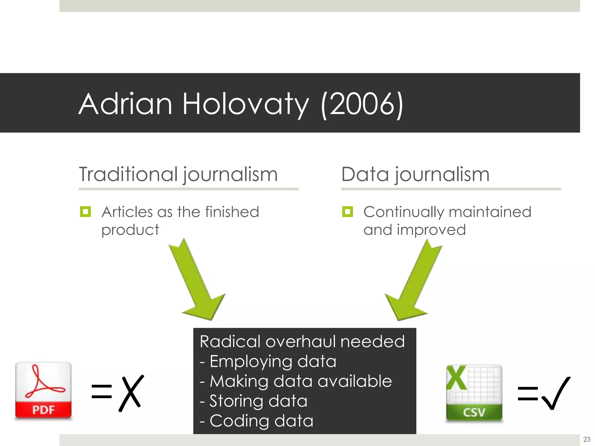 Adrian Holovaty (2006)
Traditional journalism
 Articles as the finished
product
Data journalism
 Continually maintained
and improved
23
Radical overhaul needed
- Employing data
- Making data available
- Storing data
- Coding data
=✓=✗
 