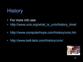 History For more info see: http://www.unix.org/what_is_unix/history_timeline.html   http://www.computerhope.com/history/unix.htm   http://www.bell-labs.com/history/unix/   