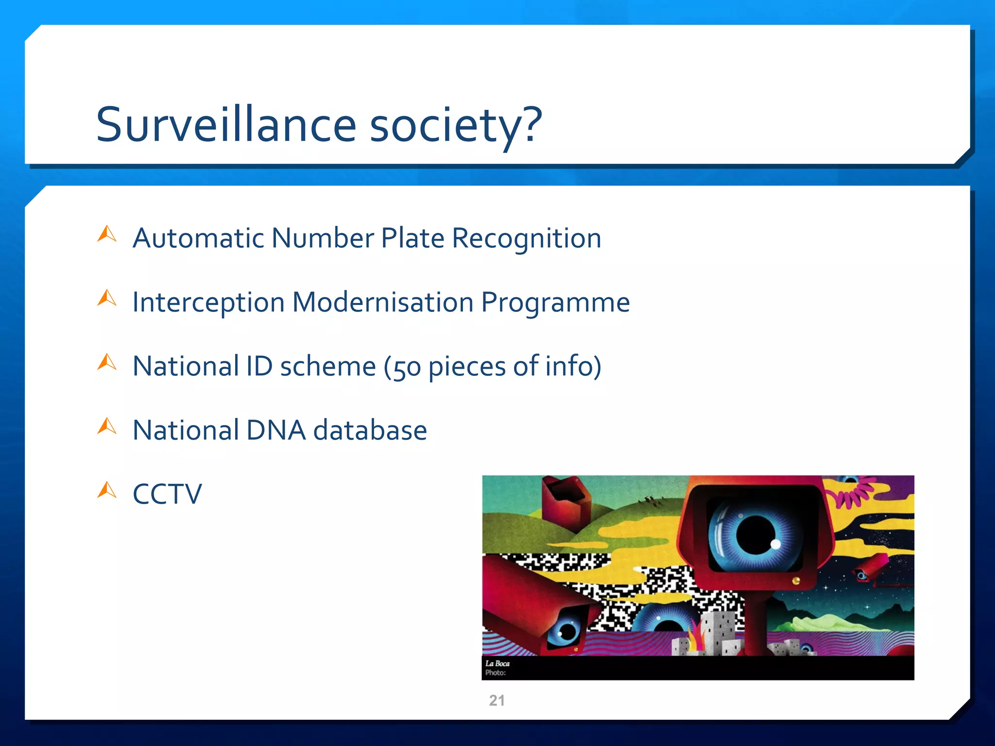 Surveillance society? Automatic Number Plate Recognition Interception Modernisation Programme National ID scheme (50 pieces of info) National DNA database CCTV 