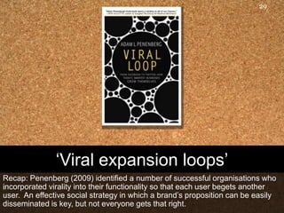 ‘Viral expansion loops’Recap: Penenberg (2009) identified a number of successful organisations who incorporated virality into their functionality so that each user begets another user.  An effective social strategy in which a brand’s proposition can be easily disseminated is key, but not everyone gets that right.29