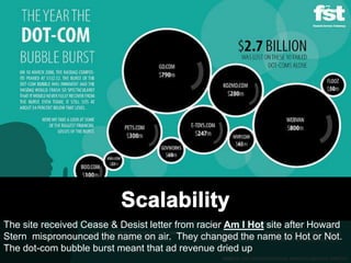 27




The site received Cease & Desist letter from racier Am I Hot site after Howard
Stern mispronounced the name on air. They changed the name to Hot or Not.
The dot-com bubble burst meant that ad revenue dried up
 