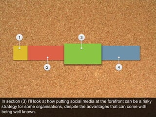 1                                  3




                        2                                        4




In section (3) I‟ll look at how putting social media at the forefront can be a risky
strategy for some organisations, despite the advantages that can come with
being well known.
 
