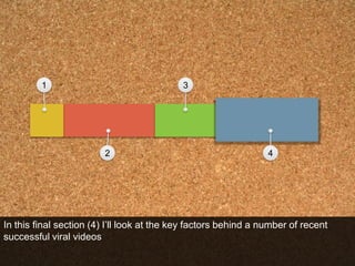 1                                  3




                         2                                       4




In this final section (4) I‟ll look at the key factors behind a number of recent
successful viral videos
 