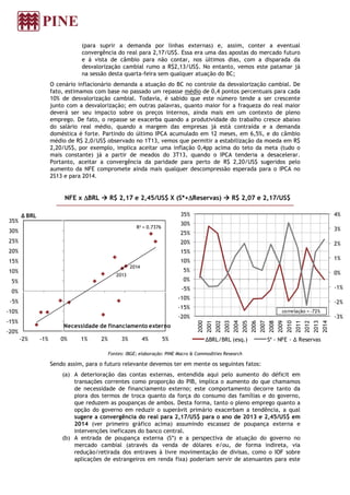 (para suprir a demanda por linhas externas) e, assim, conter a eventual
convergência do real para 2,17/US$. Essa era uma das apostas do mercado futuro
e à vista de câmbio para não contar, nos últimos dias, com a disparada da
desvalorização cambial rumo a R$2,13/US$. No entanto, vemos este patamar já
na sessão desta quarta-feira sem qualquer atuação do BC;
O cenário inflacionário demanda a atuação do BC no controle da desvalorização cambial. De
fato, estimamos com base no passado um repasse médio de 0,4 pontos percentuais para cada
10% de desvalorização cambial. Todavia, é sabido que este número tende a ser crescente
junto com a desvalorização; em outras palavras, quanto maior for a fraqueza do real maior
deverá ser seu impacto sobre os preços internos, ainda mais em um contexto de pleno
emprego. De fato, o repasse se exacerba quando a produtividade do trabalho cresce abaixo
do salário real médio, quando a margem das empresas já está contraída e a demanda
doméstica é forte. Partindo do último IPCA acumulado em 12 meses, em 6,5%, e do câmbio
médio de R$ 2,0/US$ observado no 1T13, vemos que permitir a estabilização da moeda em R$
2,20/US$, por exemplo, implica aceitar uma inflação 0,4pp acima do teto da meta (tudo o
mais constante) já a partir de meados do 3T13, quando o IPCA tenderia a desacelerar.
Portanto, aceitar a convergência da paridade para perto de R$ 2,20/US$ sugeridos pelo
aumento da NFE compromete ainda mais qualquer descompressão esperada para o IPCA no
2S13 e para 2014.
NFE x ∆∆∆∆BRL R$ 2,17 e 2,45/US$ X (S*+∆∆∆∆Reservas) R$ 2,07 e 2,17/US$
Fontes: IBGE; elaboração: PINE Macro & Commodities Research
Sendo assim, para o futuro relevante devemos ter em mente os seguintes fatos:
(a) A deterioração das contas externas, entendida aqui pelo aumento do déficit em
transações correntes como proporção do PIB, implica o aumento do que chamamos
de necessidade de financiamento externo; este comportamento decorre tanto da
piora dos termos de troca quanto da força do consumo das famílias e do governo,
que reduzem as poupanças de ambos. Desta forma, tanto o pleno emprego quanto a
opção do governo em reduzir o superávit primário exacerbam a tendência, a qual
sugere a convergência do real para 2,17/US$ para o ano de 2013 e 2,45/US$ em
2014 (ver primeiro gráfico acima) assumindo escassez de poupança externa e
intervenções ineficazes do banco central.
(b) A entrada de poupança externa (S*) e a perspectiva de atuação do governo no
mercado cambial (através da venda de dólares e/ou, de forma indireta, via
redução/retirada dos entraves à livre movimentação de divisas, como o IOF sobre
aplicações de estrangeiros em renda fixa) poderiam servir de atenuantes para este
R² = 0.7376
-20%
-15%
-10%
-5%
0%
5%
10%
15%
20%
25%
30%
35%
-2% -1% 0% 1% 2% 3% 4% 5%
∆ BRL
Necessidade de financiamento externo
2014
2013
-3%
-2%
-1%
0%
1%
2%
3%
4%
-20%
-15%
-10%
-5%
0%
5%
10%
15%
20%
25%
30%
35%
2000
2001
2002
2003
2004
2005
2006
2007
2008
2009
2010
2011
2012
2013
2014
∆BRL/BRL (esq.) S* - NFE - ∆ Reservas
correlação = -72%
 