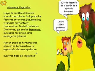 1)Pero ¿cómo podemos hacerlo? 2)Todo depende de la acción de 3 tipos de hormonas vegetales… “  Hormonas Vegetales: Luego de nuestro desarrollo normal como planta, incluyendo los factores anteriores,(luz,agua,etc) y también nutrientes y temperatura. También están los Interiores, que son las  Hormonas , las cuales nos sirven como mensajeras químicas. Hay un grupo de hormonas que ocurren en forma natural, y algunas de ellas nos ayudan en nuestros tipos de Tropismos. ” 