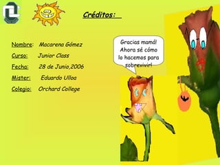 Créditos:  Nombre :  Macarena Gómez Curso:   Junior Class Fecha:   28 de Junio,2006 Mister:   Eduardo Ulloa Colegio:   Orchard College Gracias mamá! Ahora sé cómo lo hacemos para sobrevivir! 