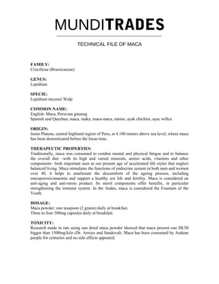 MUNDITRADES
TECHNICAL FILE OF MACA
FAMILY:
Cruciferae (Brassicaceae)
GENUS:
Lepidium
SPECIE:
Lepidium meyenii Walp
COMMON NAME:
English: Maca, Peruvian ginseng
Spanish and Quechua: maca, maka, maca-maca, maino, ayak chichira, ayac willcu
ORIGIN:
Junin Plateau, central highland region of Peru, at 4.100 meters above sea level, where maca
has been domesticated before the Incas time.
THERAPEUTIC PROPERTIES:
Traditionally, maca was consumed to combat mental and physical fatigue and to balance
the overall diet –with its high and varied minerals, amino acids, vitamins and other
components– both important uses in our present age of accelerated life styles that neglect
balanced living. Maca stimulates the functions of endocrine system in both men and women
over 40, it helps to ameliorate the discomforts of the ageing process, including
osteoporosis/anaemia and support a healthy sex life and fertility. Maca is considered an
anti-aging and anti-stress product. Its sterol components offer benefits, in particular
strengthening the immune system. In the Andes, maca is considered the Fountain of the
Youth.
DOSAGE:
Maca powder: one teaspoon (2 grams) daily at breakfast.
Three to four 500mg capsules daily at breakfast.
TOXICITY:
Research made in rats using sun dried maca powder showed that maca present one DL50
bigger than 1500mg/kilo (Dr. Arroyo and Sandoval). Maca has been consumed by Andean
people for centuries and no side effects appeared.
 