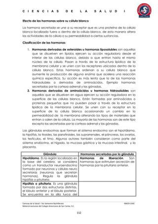 C I E N C I A S D E L A S A L U D I
Ciencias de la Salud I 5to Semestre Bachillerato MACR-CASC
Material exclusivo del Colegio Americano de San Carlos, S.C.
112
Efecto de las hormonas sobre su célula blanco
La hormona secretada se une a su receptor que es una proteína de la célula
blanco localizado fuera o dentro de la célula blanco, de esta manera altera
las actividades de la célula o su permeabilidad a ciertas sustancias.
Clasificación de las hormonas:
1. Hormonas derivadas de esteroides u hormonas liposolubles son aquellas
que se disuelven en lípidos ejercen su acción reguladora desde el
interior de las células blanco, debido a que entran hasta el mismo
núcleo de la célula. Pasan a través de la estructura lipídica de la
membrana celular y se unen con los receptores ubicados dentro de la
célula blanco. Estas hormonas ordenan a su célula blanco que
aumente la producción de alguna enzima que acelera una reacción
química específica. Su acción es más lenta que la de las hormonas
hidrosolubles o derivadas de aminoácidos. Ejemplo hormonas
secretadas por la corteza adrenal y las gónadas.
3. Hormonas derivadas de aminoácidos u hormonas hidrosolubles son
aquellas que se disuelven en agua ejercen su acción reguladora en la
superficie de las células blanco. Están formadas por aminoácidos o
proteínas pequeñas que no pueden pasar a través de la estructura
lipídica de la membrana celular. Se unen con su receptor en la
superficie de la célula blanco ocasionando un cambio en la
permeabilidad de la membrana alterando los tipos de materiales que
entran o salen de la célula. La mayoría de las hormonas son de este tipo
excepto las secretadas por la corteza adrenal y las gónadas.
Las glándulas endocrinas que forman el sistema endocrino son el hipotálamo,
la hipófisis, la tiroides, las paratiroides, las suprarrenales, el páncreas, los ovarios,
los testículos, el timo. Algunos autores también consideran como parte del
sistema endócrino, el hígado, la mucosa gástrica y la mucosa intestinal, y la
placenta.
Glándula Hormonas secretadas por la glándula
Hipotálamo. Es la región localizada en
la base del cerebro, se considera
como un transductor neuroendocrino
formado por neuronas y células neuro
secretoras (neuronas que secretan
hormonas). Regula la glándula
hipófisis o pituitaria.
Hormonas de liberación. Son
hormonas que estimulan secreción de
hormonas por la pituitaria anterior.
Hipófisis o pituitaria. Es una glándula
formada por dos estructuras distintas,
el lóbulo anterior y el lóbulo posterior.
Se encuentra en la silla turca del
 