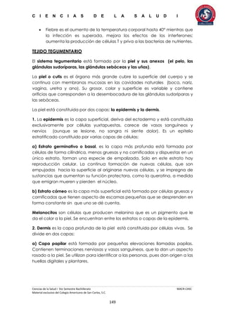 C I E N C I A S D E L A S A L U D I
Ciencias de la Salud I 5to Semestre Bachillerato MACR-CASC
Material exclusivo del Colegio Americano de San Carlos, S.C.
149
 Fiebre es el aumento de la temperatura corporal hasta 40° mientras que
la infección es superada, mejora los efectos de los interferones;
aumenta la producción de células T y priva a las bacterias de nutrientes.
TEJIDO TEGUMENTARIO
El sistema tegumentario está formado por la piel y sus anexos (el pelo, las
glándulas sudoríparas, las glándulas sebáceas y las uñas).
La piel o cutis es el órgano más grande cubre la superficie del cuerpo y se
continua con membranas mucosas en las cavidades naturales (boca, nariz,
vagina, uretra y ano). Su grosor, color y superficie es variable y contiene
orificios que corresponden a la desembocadura de las glándulas sudoríparas y
las sebáceas.
La piel está constituida por dos capas: la epidermis y la dermis.
1. La epidermis es la capa superficial, deriva del ectodermo y está constituida
exclusivamente por células yuxtapuestas, carece de vasos sanguíneos y
nervios (aunque se lesione, no sangra ni siente dolor). Es un epitelio
estratificado constituido por varias capas de células:
a) Estrato germinativo o basal, es la capa más profunda está formada por
células de forma cilíndrica, menos gruesas y no cornificadas y dispuestas en un
único estrato, forman una especie de empalizada. Solo en este estrato hay
reproducción celular. La continua formación de nuevas células, que son
empujadas hacia la superficie al originarse nuevas células, y se impregna de
sustancias que aumentan su función protectora, como la queratina, a medida
que emigran mueren y pierden el núcleo.
b) Estrato córneo es la capa más superficial está formado por células gruesas y
cornificadas que tienen aspecto de escamas pequeñas que se desprenden en
forma constante sin que uno se dé cuenta.
Melanocitos son células que producen melanina que es un pigmento que le
da el color a la piel. Se encuentran entre los estratos o capas de la epidermis.
2. Dermis es la capa profunda de la piel está constituida por células vivas. Se
divide en dos capas:
a) Capa papilar está formada por pequeñas elevaciones llamadas papilas.
Contienen terminaciones nerviosas y vasos sanguíneos, que la dan un aspecto
rosado a la piel. Se utilizan para identificar a las personas, pues dan origen a las
huellas digitales y plantares.
 