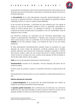 C I E N C I A S D E L A S A L U D I
Ciencias de la Salud I 5to Semestre Bachillerato MACR-CASC
Material exclusivo del Colegio Americano de San Carlos, S.C.
155
Si se produce el embarazo cesa el ciclo menstrual durante nueve meses que es
el tiempo que dura la formación, crecimiento y maduración del ser humano en
el interior del útero.
La Fecundación es la unión del gameto masculino (espermatozoide) con el
óvulo de un gameto femenino. Durante la fecundación los gametos (células
haploides) forman un huevo o cigoto (célula diploide).
El ser humano así formado, y constituido en ese momento por una célula se
anida en una de las paredes uterinas e inicia su desarrollo, crecimiento y
mitosis al mismo tiempo que a su derredor se forman y se desarrollan un
conjunto de anexos ovulares que lo ayudarán a vivir y lo mantendrán unido al
organismo de su madre.
Las hormonas ováricas son sustituidas por las hormonas placentarias que
inhiben la gonadotrofina hipofisiaria. A medida que transcurre el tiempo el
útero crece porque crece su contenido. El ser humano recibe el nombre de
embrión en los tres primeros meses y el nombre de feto en los seis meses
siguientes.
El útero permanece herméticamente cerrado hasta el momento en que,
después de nueve meses de gestación, el lóbulo posterior de la hipófisis
secreta oxitocina que provoca la contracción enérgica, periódica y rítmica
del músculo uterino, cada vez con mayor frecuencia y mayor intensidad de
modo tal que en el lapso de unas cuantas horas expulsa al niño al exterior a
través del cuello uterino y de la vagina.
Parto es el acto de expulsión del producto del embarazo.
Alumbramiento consiste en la expulsión, minutos después del parto de los
anexos ovulares.
El útero vacío se contrae y vuelve a su tamaño normal en un lapso de 30 a 40
días.
Generalmente la menstruación no ocurre mientras la madre está lactando a su
hijo.
Sistema reproductor masculino
La espermatogénesis es la producción de espermatozoides por meiosis se
realiza en los túbulos seminíferos de los testículos.
El aparato genital masculino está constituido por los testículos, los conductos
deferentes, las vesículas seminales, la uretra y el pene. Tienen en común con el
aparato urinario, la uretra y las estructuras peneanas que la rodean.
 