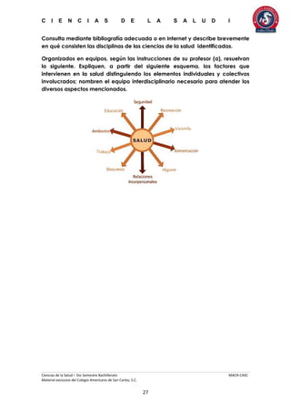 C I E N C I A S D E L A S A L U D I
Ciencias de la Salud I 5to Semestre Bachillerato MACR-CASC
Material exclusivo del Colegio Americano de San Carlos, S.C.
27
Consulta mediante bibliografía adecuada o en internet y describe brevemente
en qué consisten las disciplinas de las ciencias de la salud identificadas.
Organizados en equipos, según las instrucciones de su profesor (a), resuelvan
lo siguiente. Expliquen, a partir del siguiente esquema, los factores que
intervienen en la salud distinguiendo los elementos individuales y colectivos
involucrados; nombren el equipo interdisciplinario necesario para atender los
diversos aspectos mencionados.
 