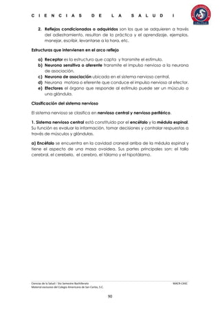 C I E N C I A S D E L A S A L U D I
Ciencias de la Salud I 5to Semestre Bachillerato MACR-CASC
Material exclusivo del Colegio Americano de San Carlos, S.C.
90
2. Reflejos condicionados o adquiridos son los que se adquieren a través
del adiestramiento, resultan de la práctica y el aprendizaje, ejemplos,
manejar, escribir, levantarse a la hora, etc.
Estructuras que intervienen en el arco reflejo
a) Receptor es la estructura que capta y transmite el estímulo.
b) Neurona sensitiva o aferente transmite el impulso nervioso a la neurona
de asociación.
c) Neurona de asociación ubicada en el sistema nervioso central.
d) Neurona motora o eferente que conduce el impulso nervioso al efector.
e) Efectores el órgano que responde al estímulo puede ser un músculo o
una glándula.
Clasificación del sistema nervioso
El sistema nervioso se clasifica en nervioso central y nervioso periférico.
1. Sistema nervioso central está constituido por el encéfalo y la médula espinal.
Su función es evaluar la información, tomar decisiones y controlar respuestas a
través de músculos y glándulas.
a) Encéfalo se encuentra en la cavidad craneal arriba de la médula espinal y
tiene el aspecto de una masa ovoidea. Sus partes principales son: el tallo
cerebral, el cerebelo, el cerebro, el tálamo y el hipotálamo.
 