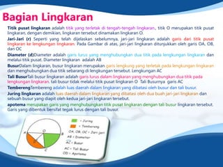 Titik pusat lingkaran adalah titik yang terletak di tengah-tengah lingkaran., titik O merupakan titik pusat
lingkaran, dengan demikian, lingkaran tersebut dinamakan lingkaran O.
Jari-Jari (r) Seperti yang telah dijelaskan sebelumnya, jari-jari lingkaran adalah garis dari titik pusat
lingkaran ke lengkungan lingkaran. Pada Gambar di atas, jari-jari lingkaran ditunjukkan oleh garis OA, OB,
dan OC
Diameter (d)Diameter adalah garis lurus yang menghubungkan dua titik pada lengkungan lingkaran dan
melalui titik pusat. Diameter lingkaran adalah AB
BusurDalam lingkaran, busur lingkaran merupakan garis lengkung yang terletak pada lengkungan lingkaran
dan menghubungkan dua titik sebarang di lengkungan tersebut. Lengkungan AC
Tali BusurTali busur lingkaran adalah garis lurus dalam lingkaran yang menghubungkan dua titik pada
lengkungan lingkaran. tali busur tidak melalui titik pusat lingkaran O Tali Busurnya garis AC
TemberengTembereng adalah luas daerah dalam lingkaran yang dibatasi oleh busur dan tali busur.
Juring lingkaran adalah luas daerah dalam lingkaran yang dibatasi oleh dua buah jari-jari lingkaran dan
sebuah busur yang diapit oleh kedua jari-jari lingkaran tersebut.
apotema merupakan garis yang menghubungkan titik pusat lingkaran dengan tali busur lingkaran tersebut.
Garis yang dibentuk bersifat tegak lurus dengan tali busur.
Bagian Lingkaran
 