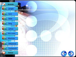 google

lycos

MSN

bing

yahoo

Web crawler


AltaVista

ASKjeeves

LiveSearch
 