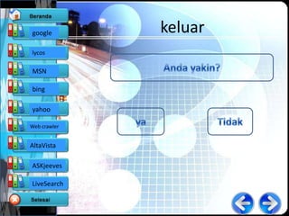 google        keluar
lycos

MSN

bing

yahoo

Web crawler


AltaVista

ASKjeeves

LiveSearch
 