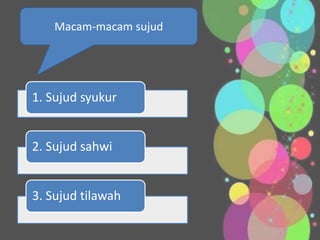 Macam-macam sujud
1. Sujud syukur
2. Sujud sahwi
3. Sujud tilawah
 