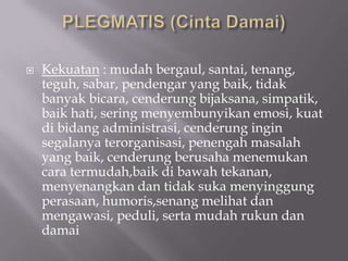    Kekuatan : mudah bergaul, santai, tenang,
    teguh, sabar, pendengar yang baik, tidak
    banyak bicara, cenderung bijaksana, simpatik,
    baik hati, sering menyembunyikan emosi, kuat
    di bidang administrasi, cenderung ingin
    segalanya terorganisasi, penengah masalah
    yang baik, cenderung berusaha menemukan
    cara termudah,baik di bawah tekanan,
    menyenangkan dan tidak suka menyinggung
    perasaan, humoris,senang melihat dan
    mengawasi, peduli, serta mudah rukun dan
    damai
 