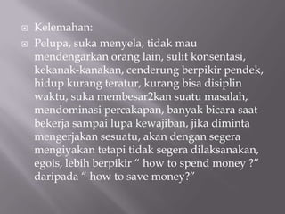    Kelemahan:
   Pelupa, suka menyela, tidak mau
    mendengarkan orang lain, sulit konsentasi,
    kekanak-kanakan, cenderung berpikir pendek,
    hidup kurang teratur, kurang bisa disiplin
    waktu, suka membesar2kan suatu masalah,
    mendominasi percakapan, banyak bicara saat
    bekerja sampai lupa kewajiban, jika diminta
    mengerjakan sesuatu, akan dengan segera
    mengiyakan tetapi tidak segera dilaksanakan,
    egois, lebih berpikir “ how to spend money ?”
    daripada “ how to save money?”
 